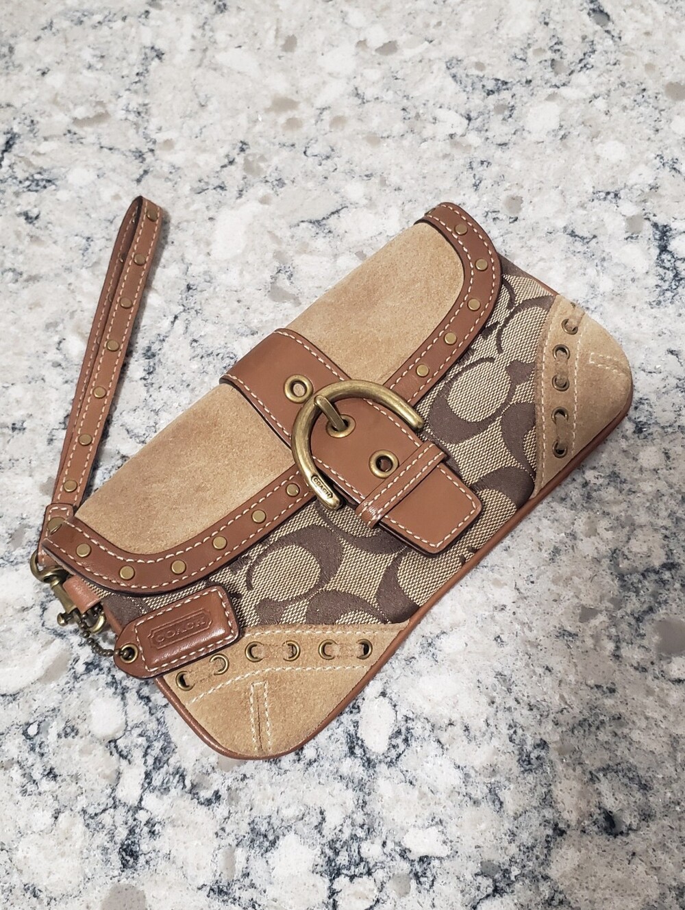 Vintage Coach Soho Suede Signature Studded Buckle Flap Wristlet